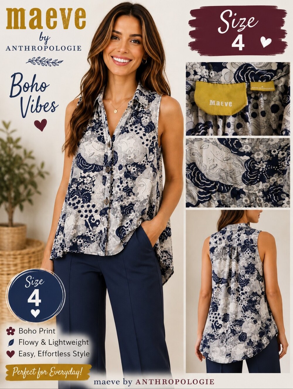 Maeve Anthropologie Cream and Navy Floral Halter Shell